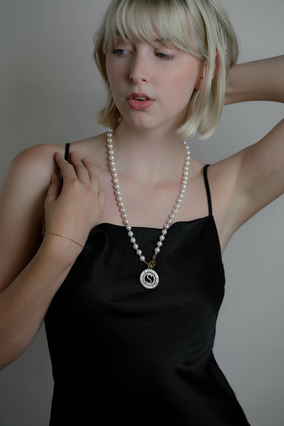 PREORDER 24 Inch Pearl Radiant Initial Necklace: Gold / C