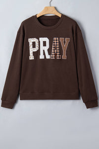 Striped PRAY Embroidered Patch Western Sweatshirt | S-4X: Coffee / L