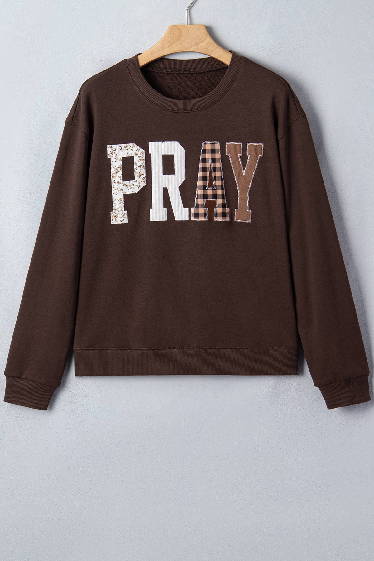 Striped PRAY Embroidered Patch Western Sweatshirt | S-4X: Coffee / Plus-2X