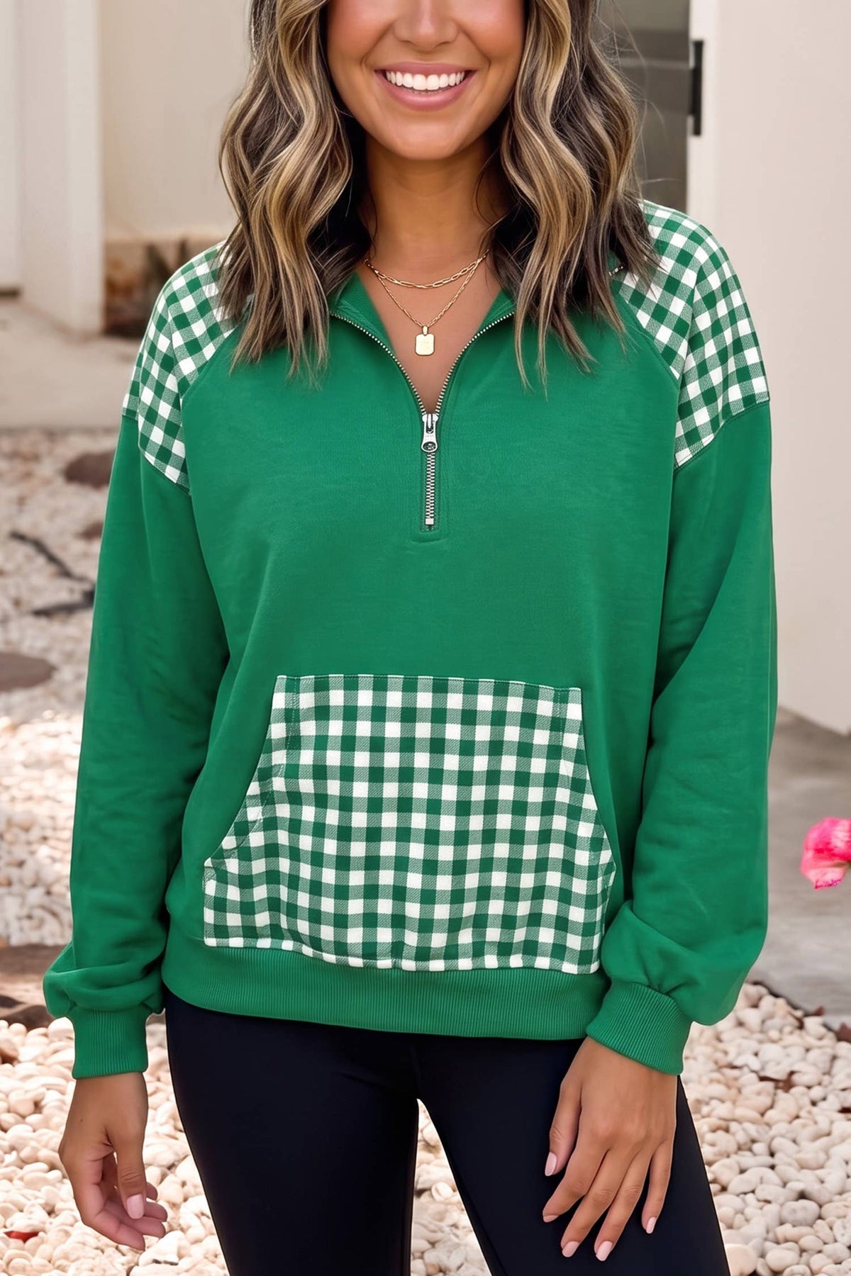 LDC Holiday Patchwork Plaid Pocket Quarter Zip Sweatshirt: Red / L