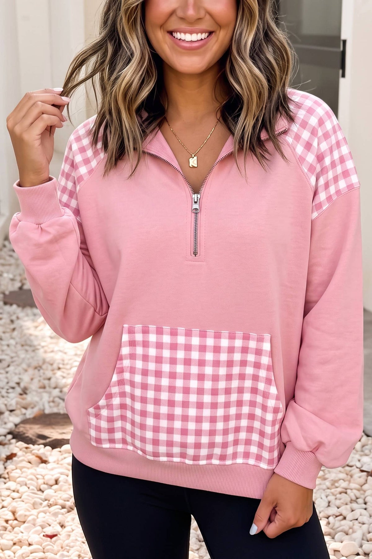 LDC Holiday Patchwork Plaid Pocket Quarter Zip Sweatshirt: Red / L