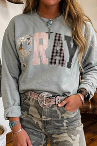 Striped PRAY Embroidered Patch Western Sweatshirt | S-4X: Coffee / Plus-2X