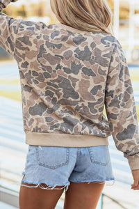 LDC Leopard/Camouflage Print Ribbed Trim Mock Neck Blouse: Camouflage / S