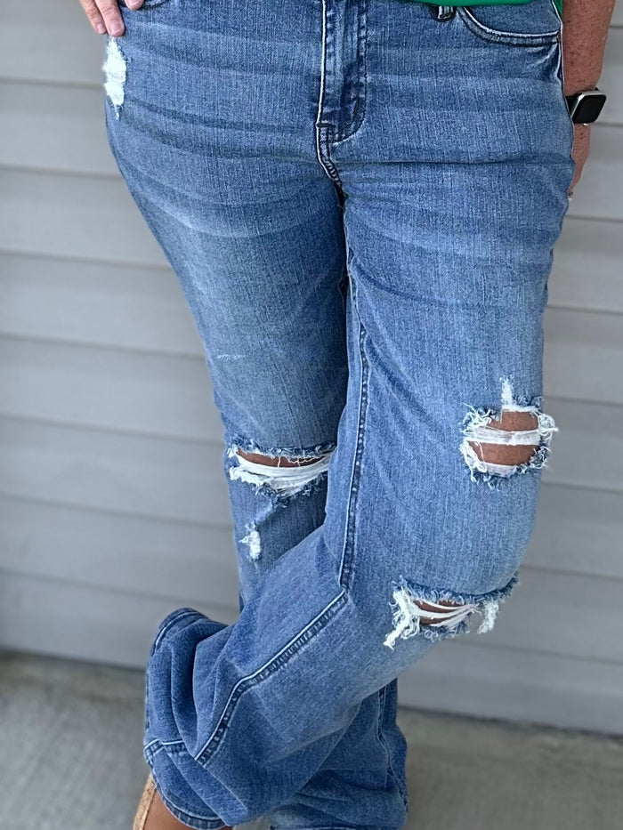 Riley Distressed Detail Bootcut Jeans