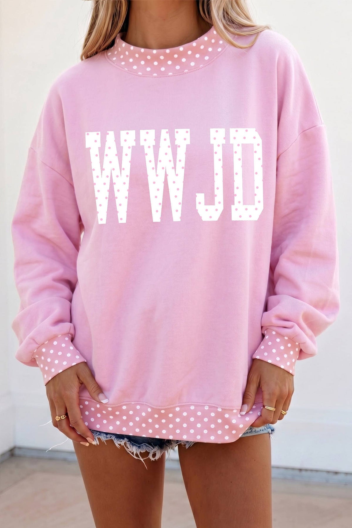 LDC Polka Dot Letter Print Mock Neck Pullover Sweatshirt: Pink / M