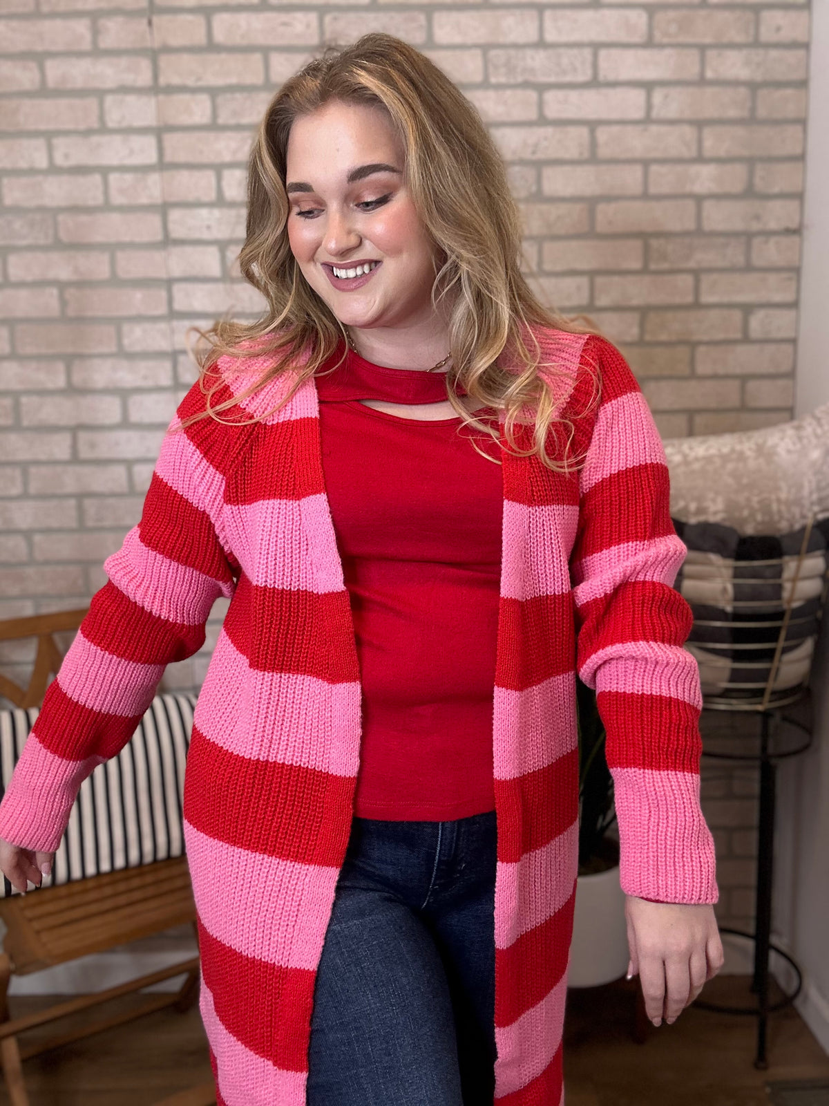 Katie Pink/Red Striped Cardigan