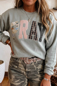 Striped PRAY Embroidered Patch Western Sweatshirt | S-4X: Coffee / S