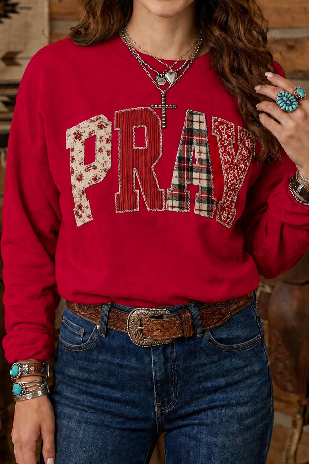 Striped PRAY Embroidered Patch Western Sweatshirt | S-4X: Coffee / Plus-1X