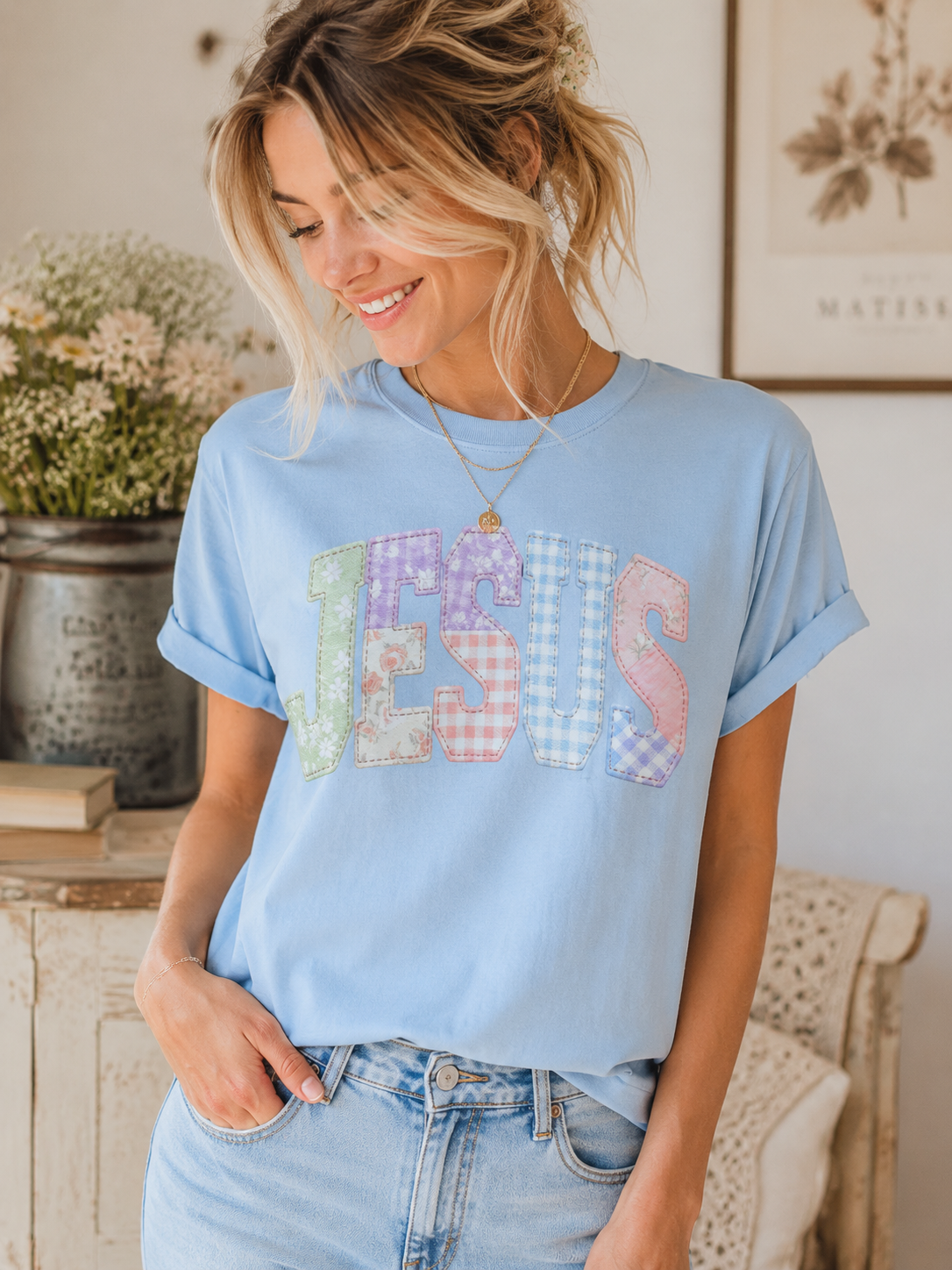 Jesus Patchwork Tee- Blue