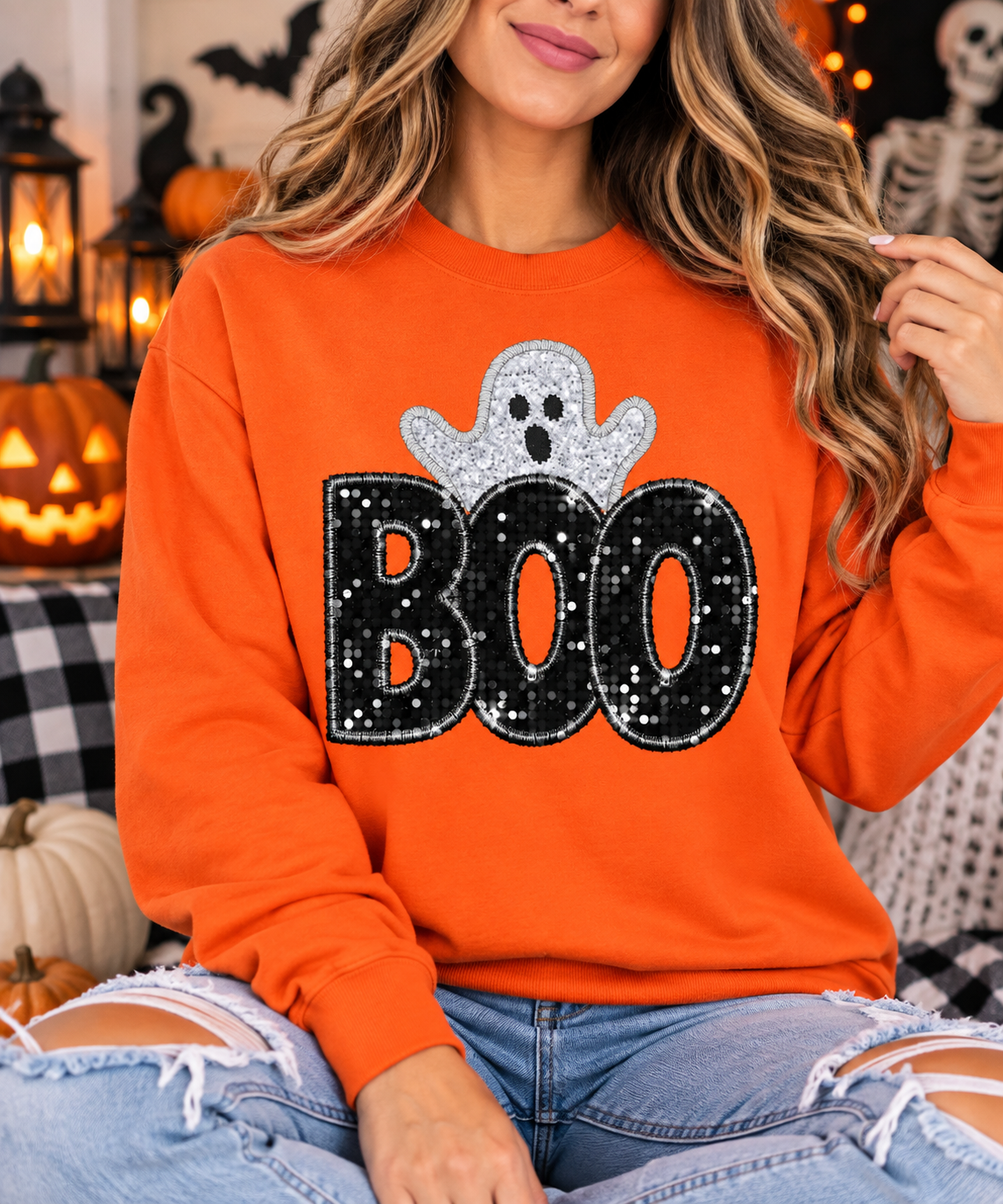 Boo Faux Sequin Crewneck