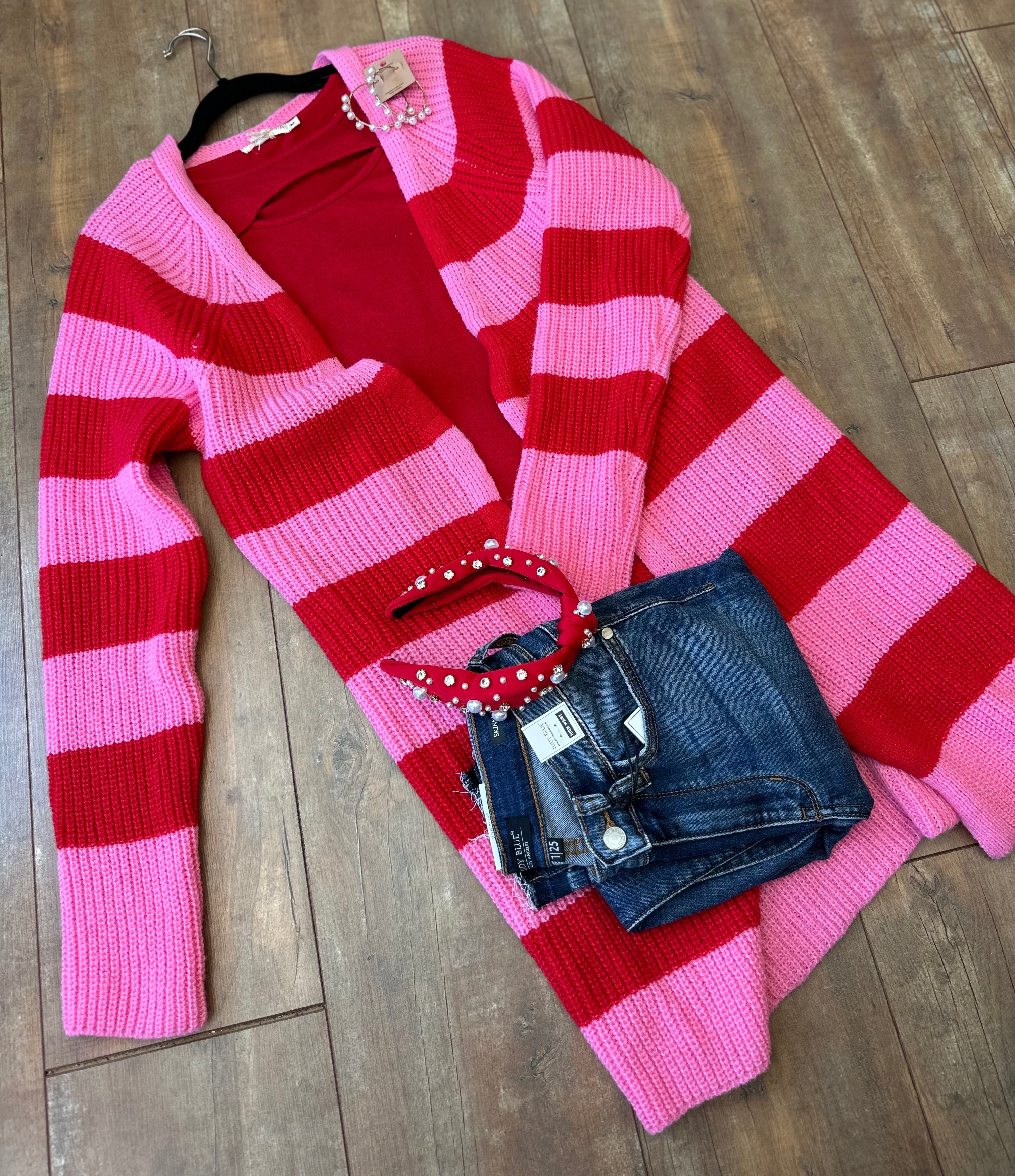 Katie Pink/Red Striped Cardigan