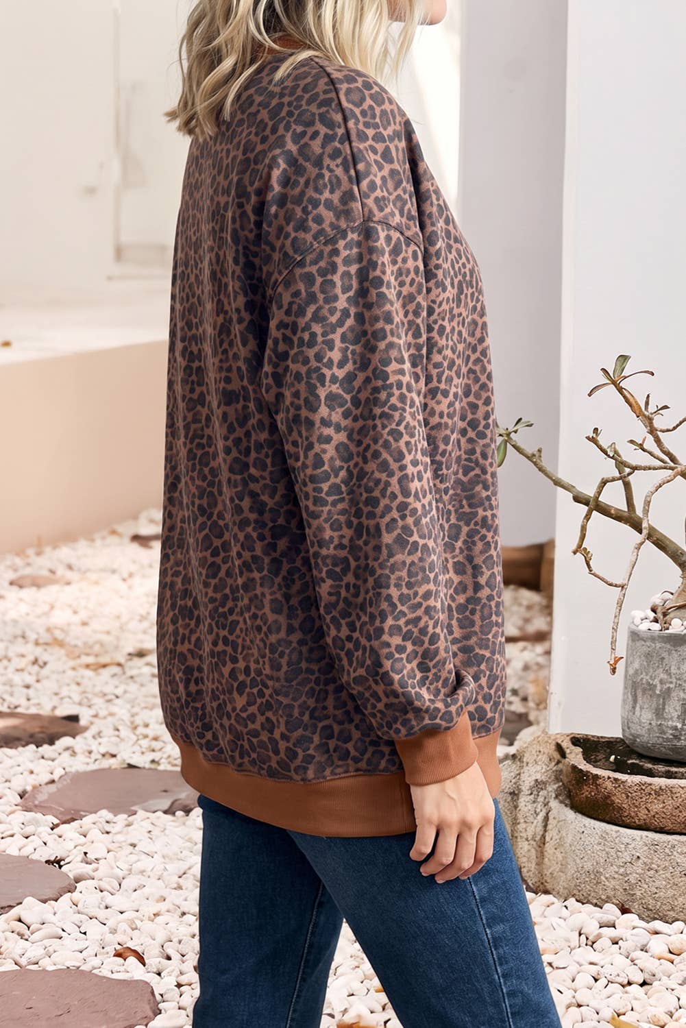 Leopard Print Ribbed Cuffs Hem Mock Neck Sweatshirt |S-4X: Multicolour / Plus-2X