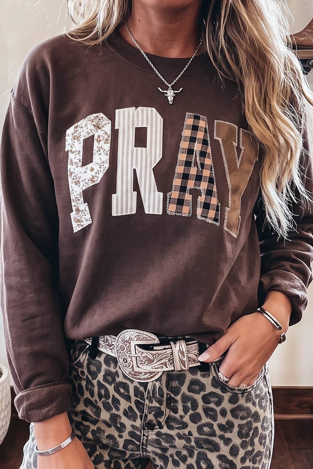 Striped PRAY Embroidered Patch Western Sweatshirt | S-4X: Coffee / M