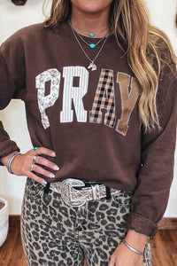 Striped PRAY Embroidered Patch Western Sweatshirt | S-4X: Coffee / XL