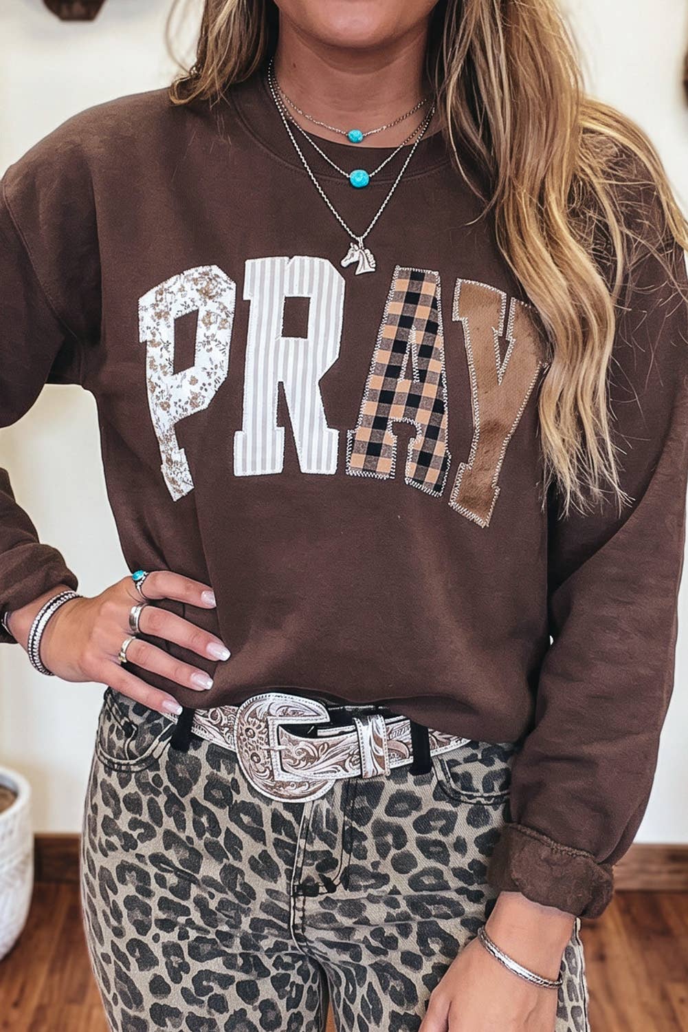 Striped PRAY Embroidered Patch Western Sweatshirt | S-4X: Coffee / Plus-1X