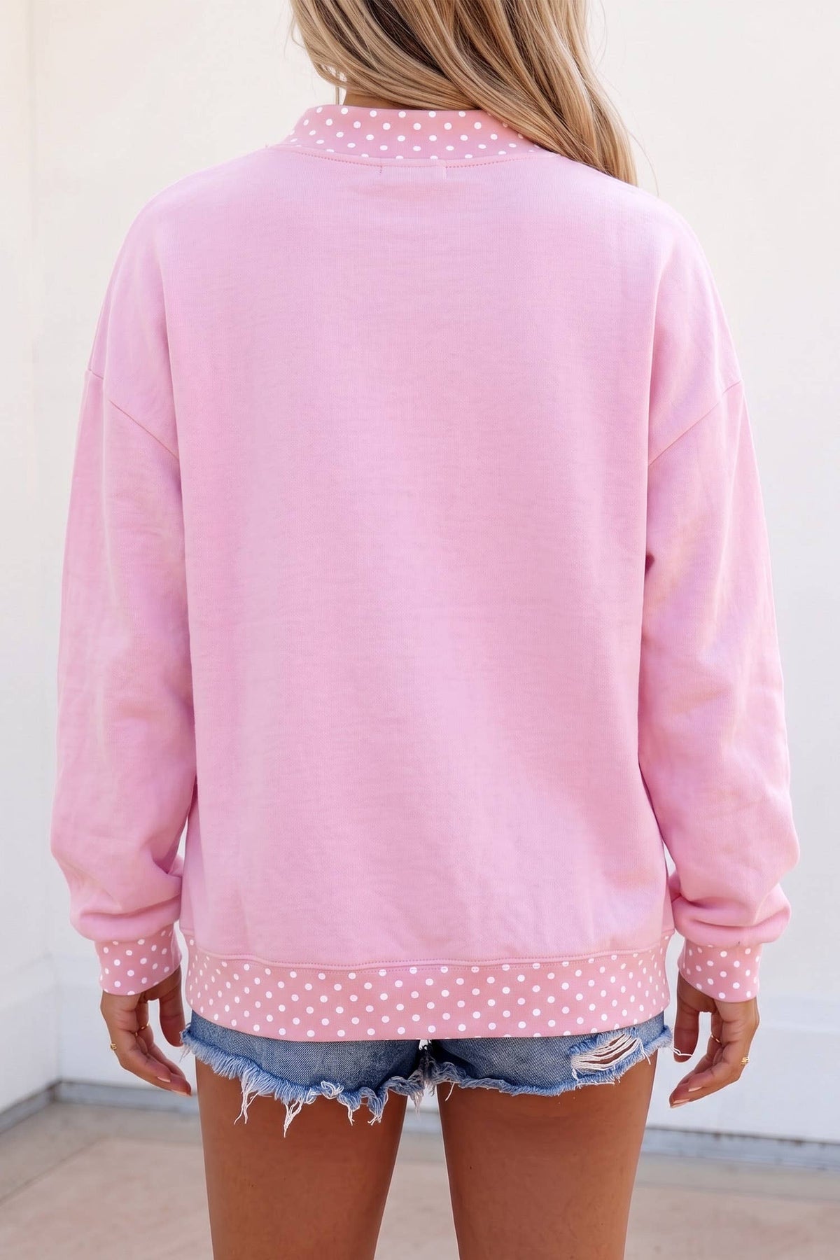 LDC Polka Dot Letter Print Mock Neck Pullover Sweatshirt: Pink / M