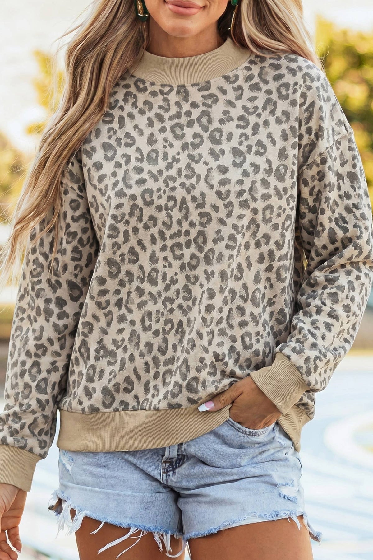 LDC Leopard/Camouflage Print Ribbed Trim Mock Neck Blouse: Camouflage / M