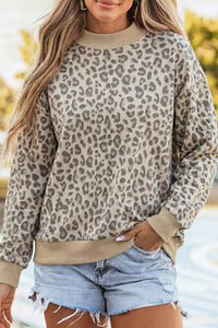 LDC Leopard/Camouflage Print Ribbed Trim Mock Neck Blouse: Camouflage / M