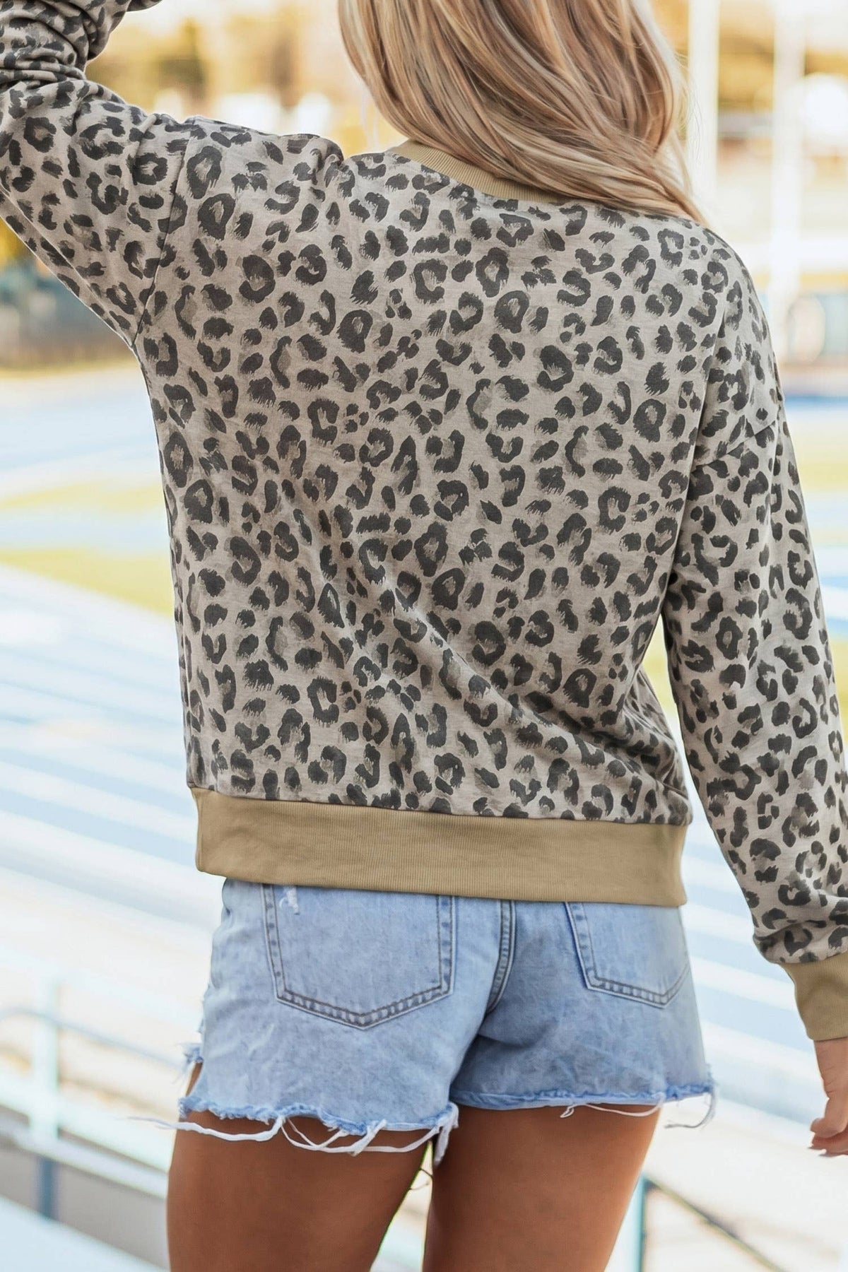 LDC Leopard/Camouflage Print Ribbed Trim Mock Neck Blouse: Camouflage / M