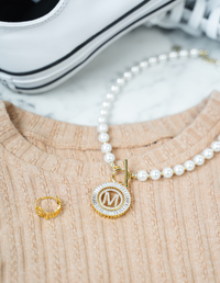 PREORDER 24 Inch Pearl Radiant Initial Necklace: Gold / C