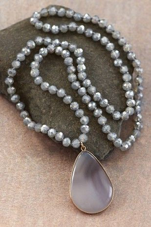 Gray Crystal Bead Necklace with Glass Stone